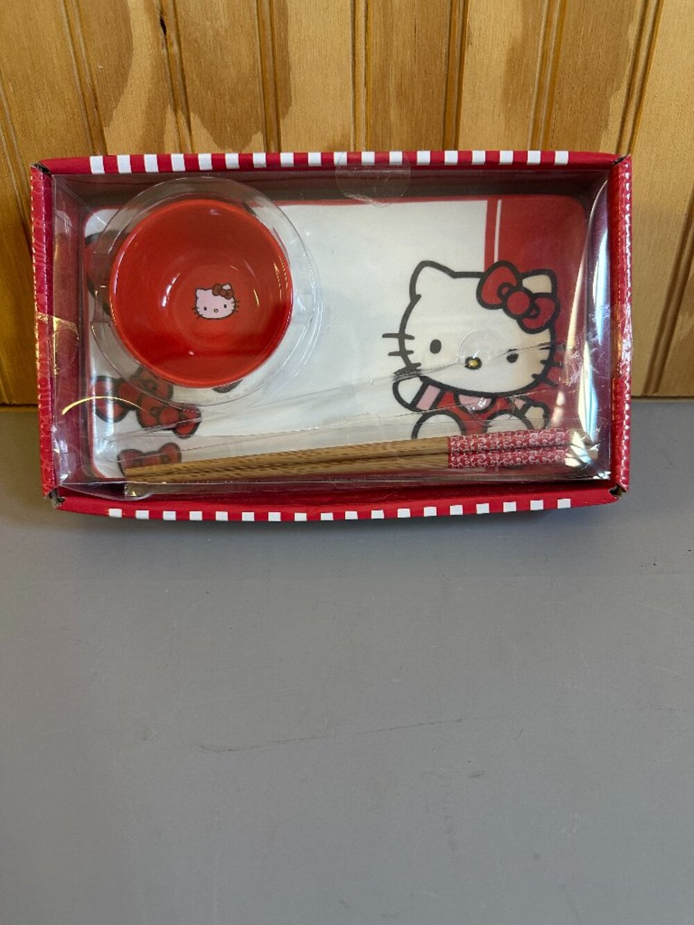 Hello Kitty Red Japanese Sushi Ceramic Plate Set With Chopsticks By Sanrio NEW